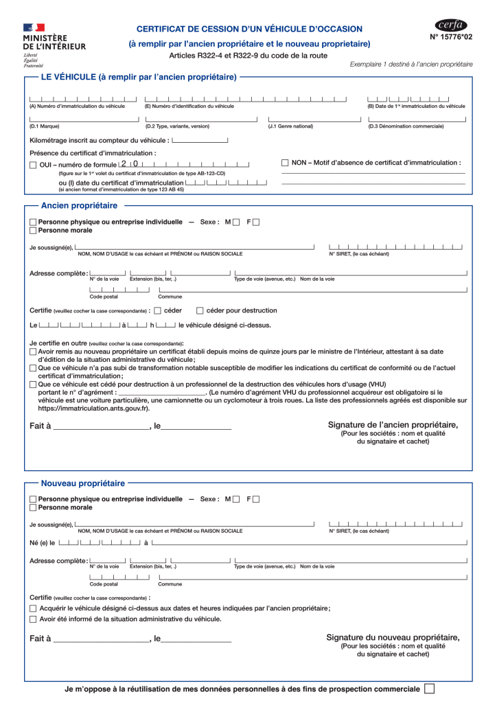 cerfa papier le plus important pour la vente de votre voiture de particulier à particulier